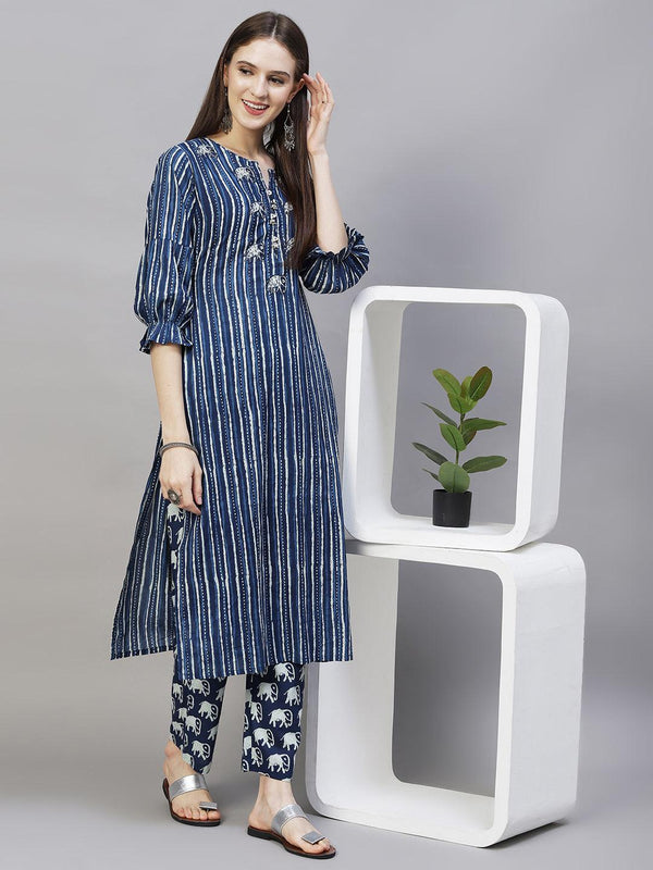 Ethnic Printed & Hand Embroidered Straight Kurta with Pants - Indigo Blue - Indiakreations