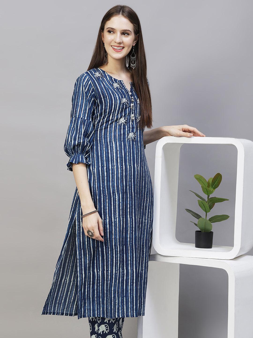 Ethnic Printed & Hand Embroidered Straight Kurta with Pants - Indigo Blue - Indiakreations