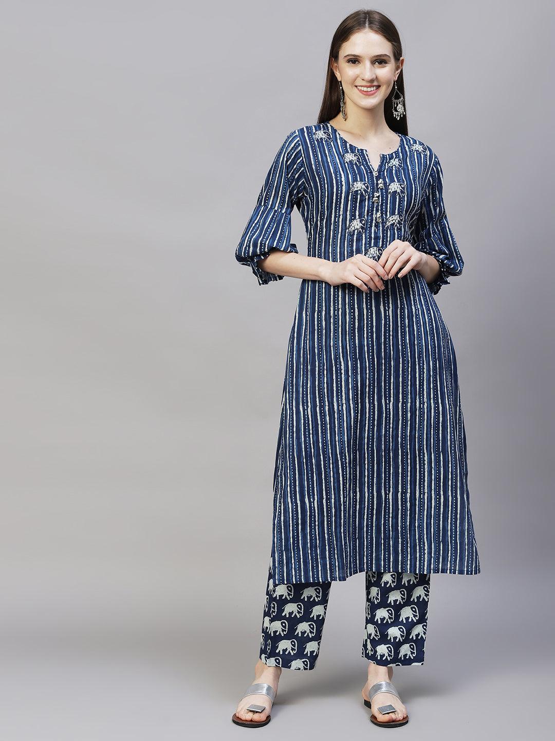 Ethnic Printed & Hand Embroidered Straight Kurta with Pants - Indigo Blue - Indiakreations