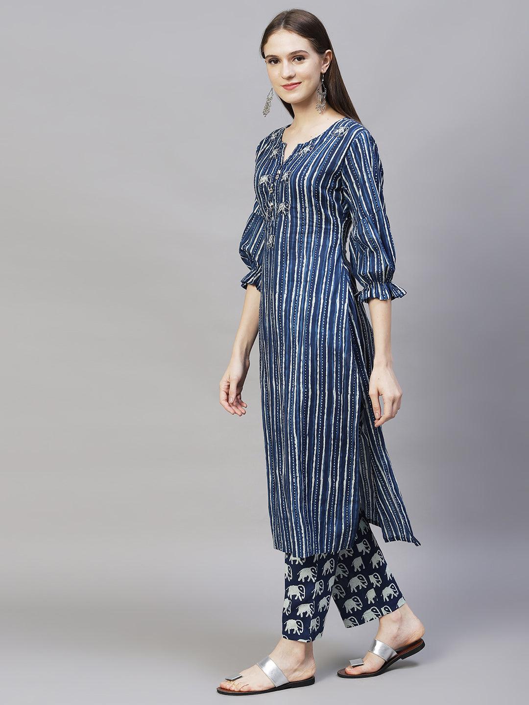 Ethnic Printed & Hand Embroidered Straight Kurta with Pants - Indigo Blue - Indiakreations