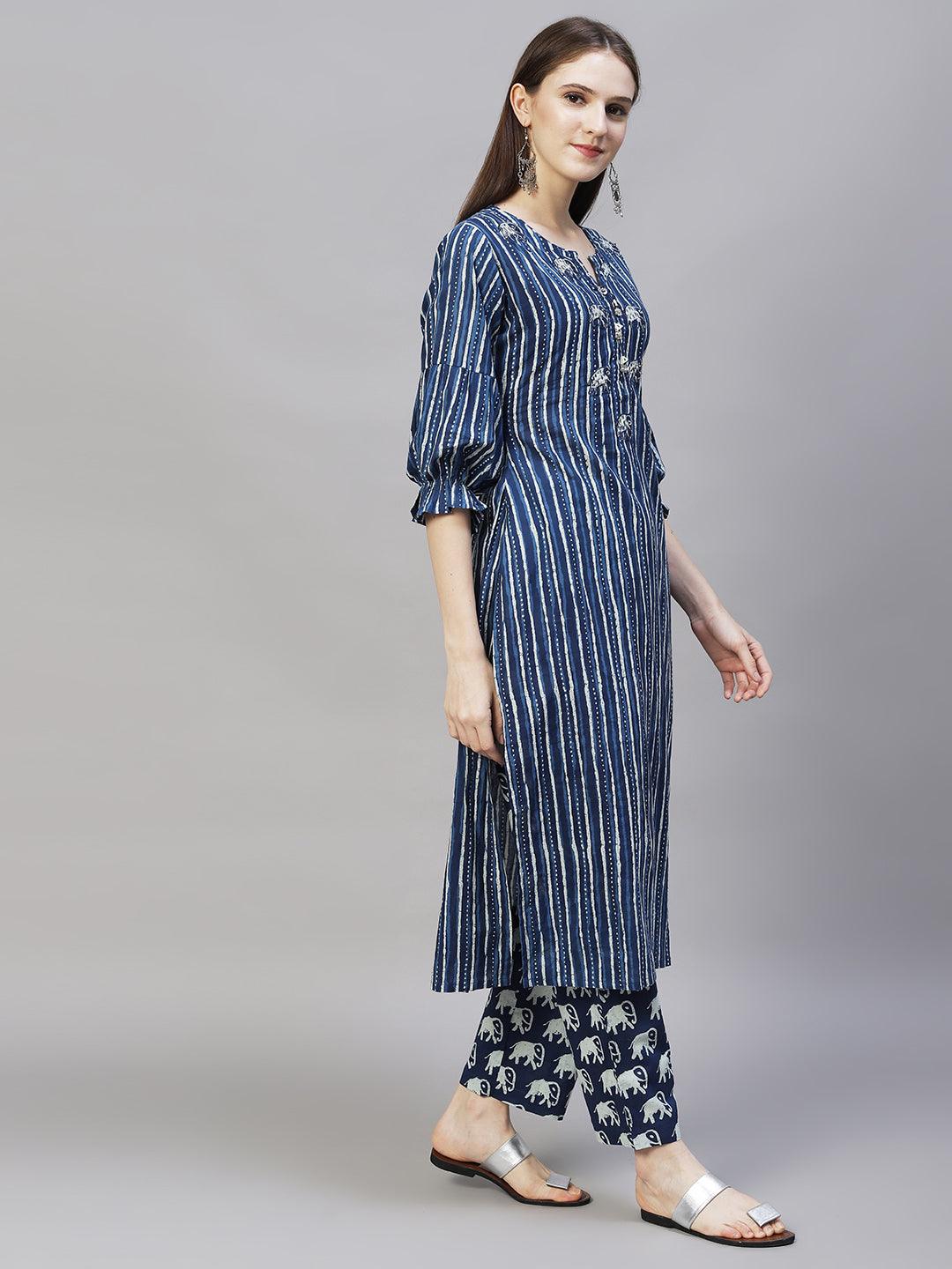 Ethnic Printed & Hand Embroidered Straight Kurta with Pants - Indigo Blue - Indiakreations