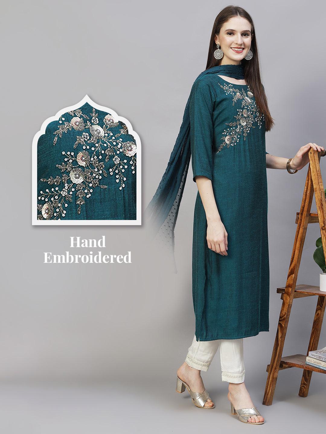 Floral Hand Embroidered Straight Kurta with Dupatta - Teal Green - Indiakreations