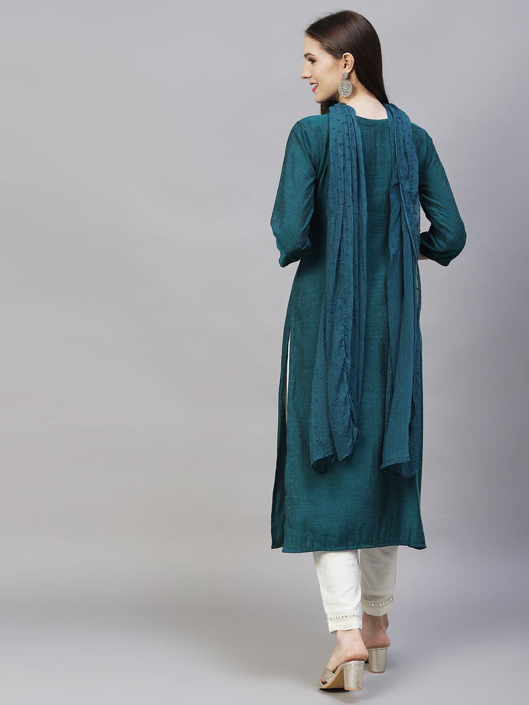 Floral Hand Embroidered Straight Kurta with Dupatta - Teal Green - Indiakreations