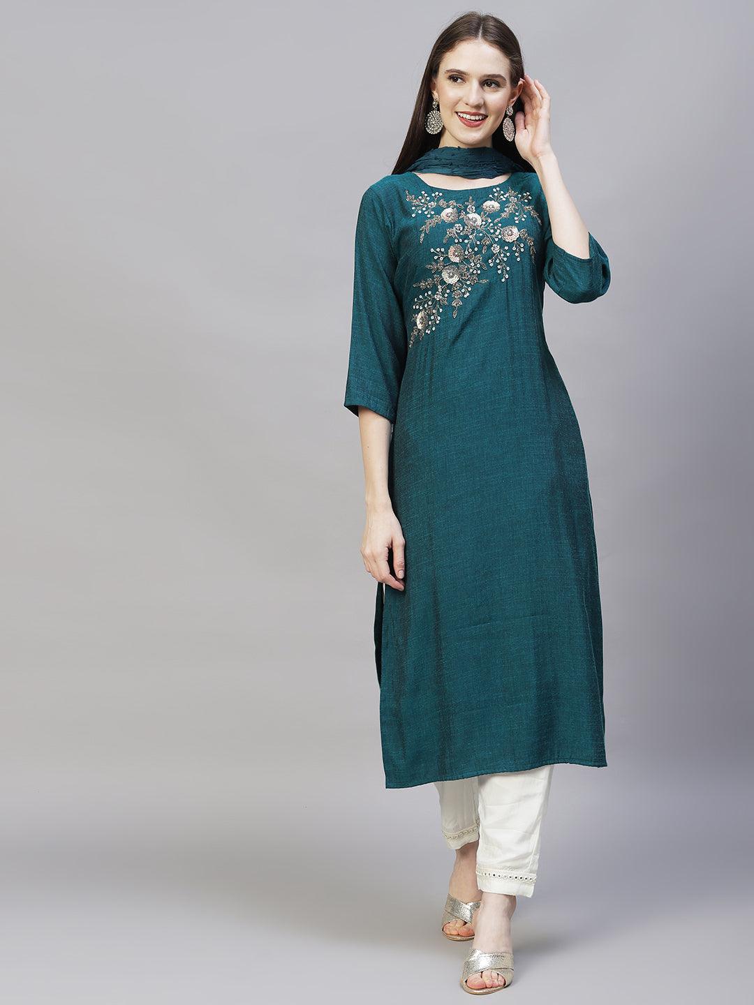 Floral Hand Embroidered Straight Kurta with Dupatta - Teal Green - Indiakreations