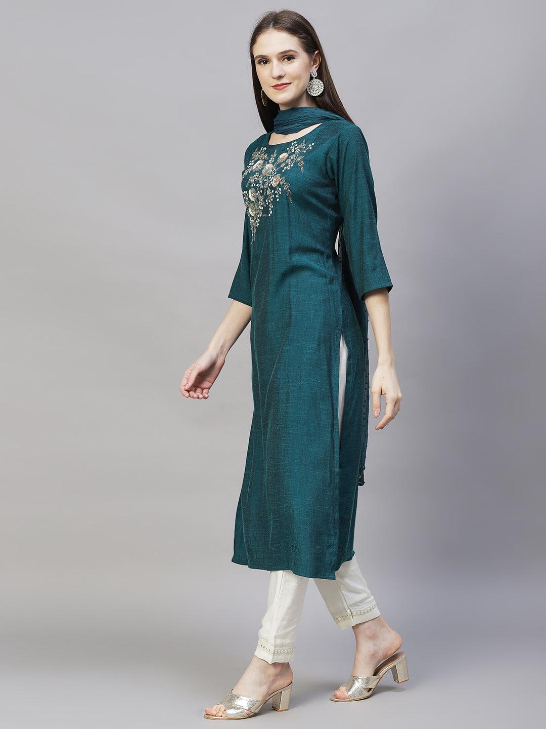 Floral Hand Embroidered Straight Kurta with Dupatta - Teal Green - Indiakreations