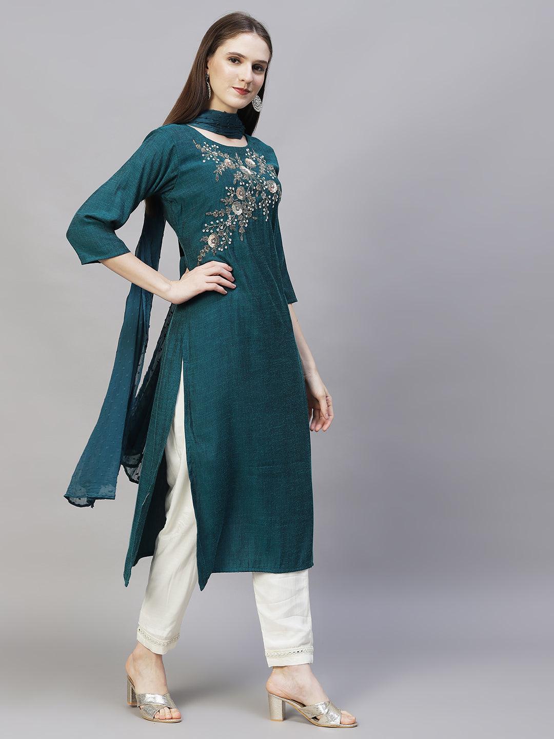 Floral Hand Embroidered Straight Kurta with Dupatta - Teal Green - Indiakreations