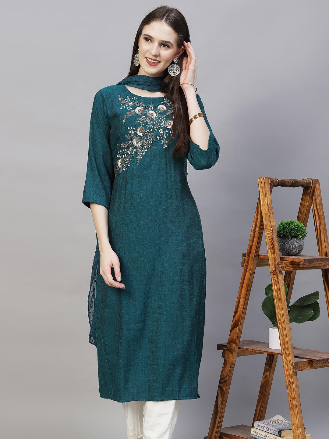 Floral Hand Embroidered Straight Kurta with Dupatta - Teal Green - Indiakreations