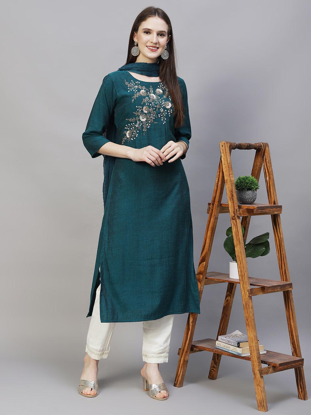 Floral Hand Embroidered Straight Kurta with Dupatta - Teal Green - Indiakreations