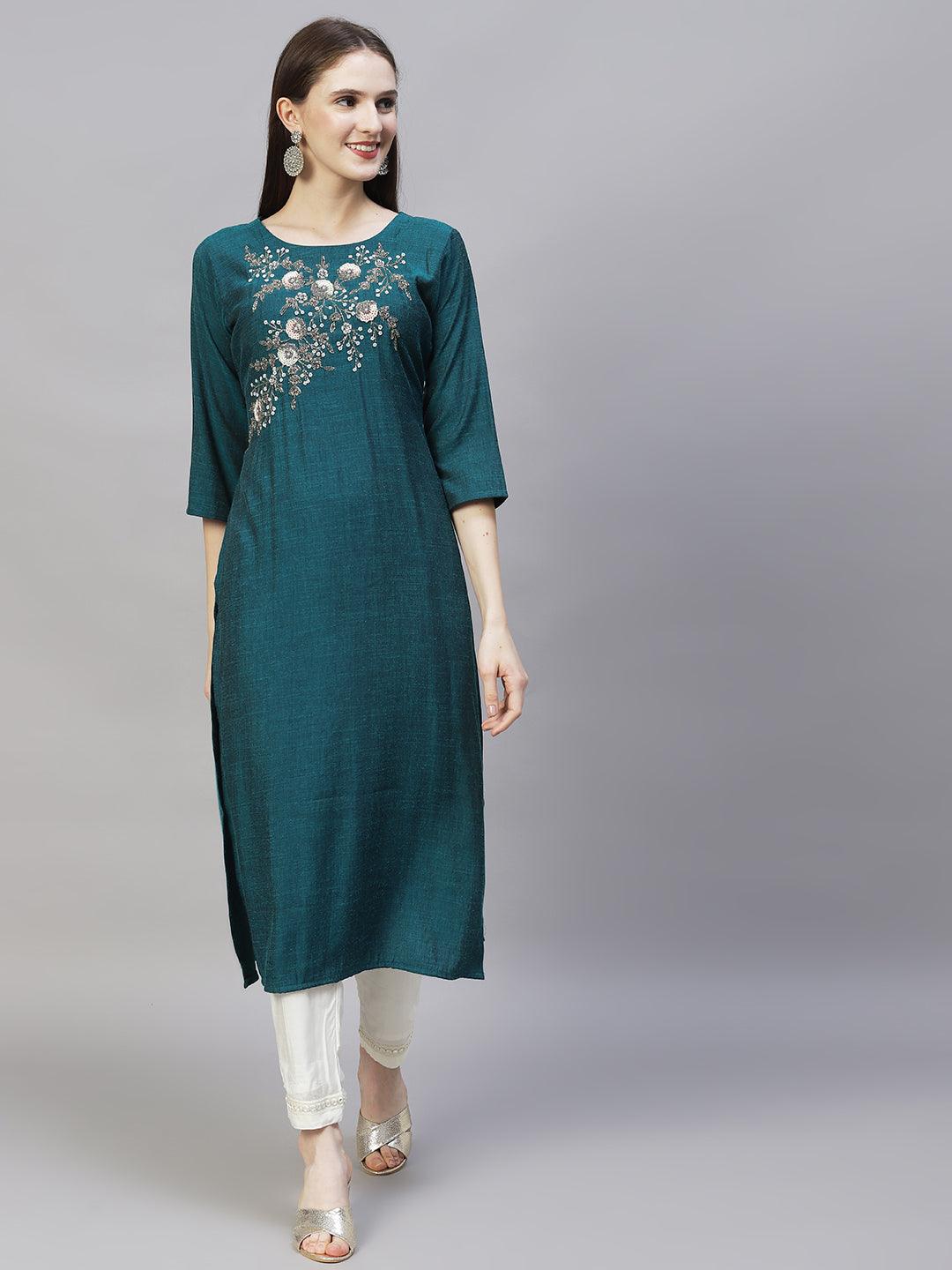 Floral Hand Embroidered Straight Kurta with Dupatta - Teal Green - Indiakreations