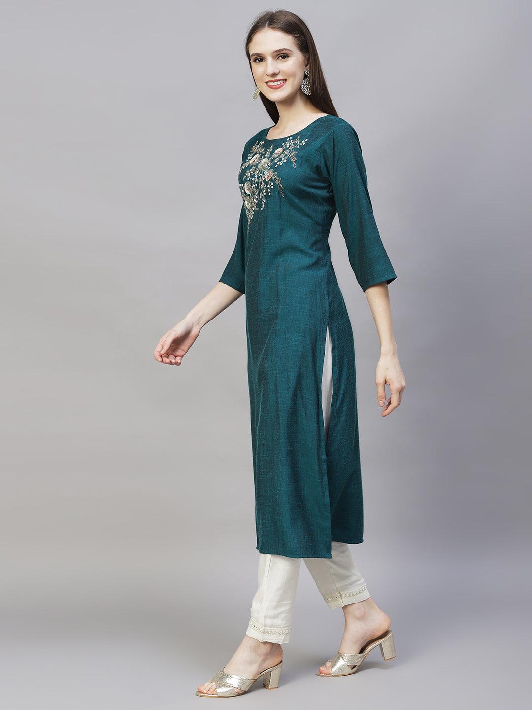 Floral Hand Embroidered Straight Kurta with Dupatta - Teal Green - Indiakreations