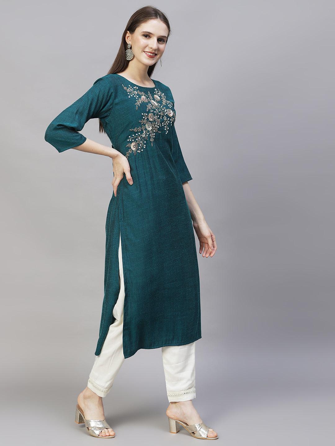 Floral Hand Embroidered Straight Kurta with Dupatta - Teal Green - Indiakreations