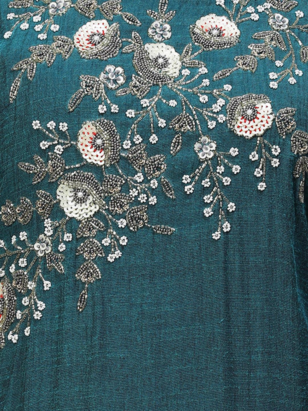 Floral Hand Embroidered Straight Kurta with Dupatta - Teal Green - Indiakreations