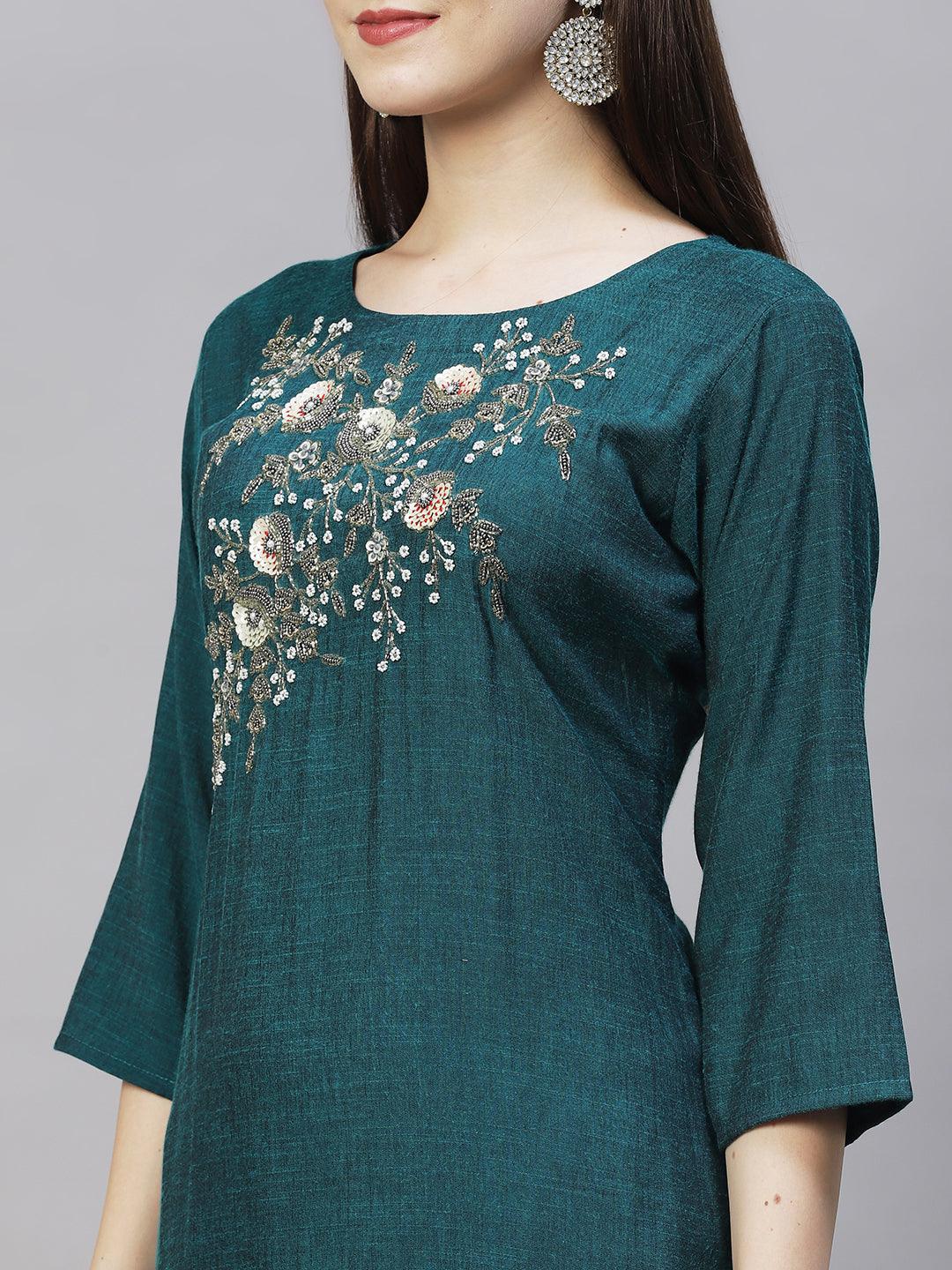 Floral Hand Embroidered Straight Kurta with Dupatta - Teal Green - Indiakreations