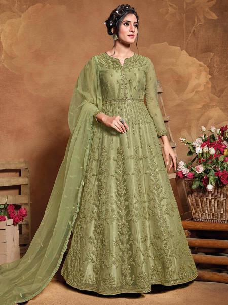 Women's Pista Butterfly Net Embroidered Anarkali Suit - Myracouture - Indiakreations