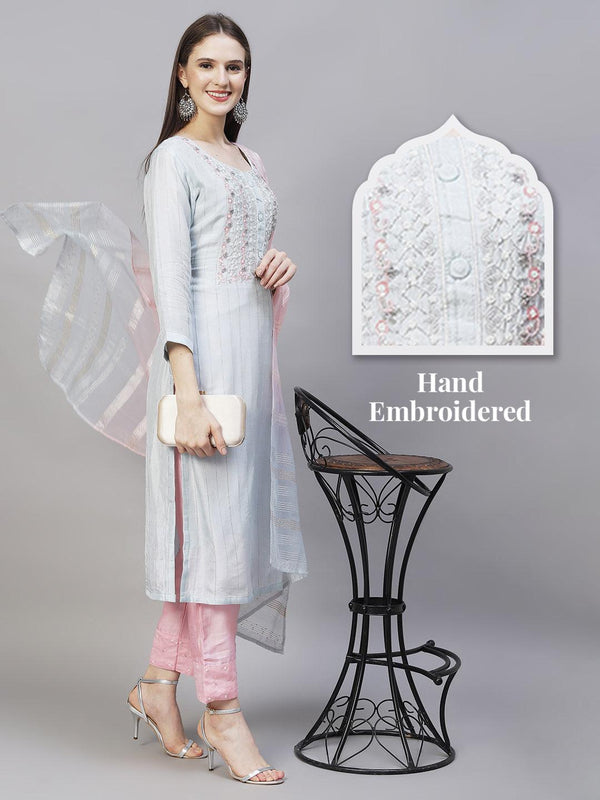 Ethnic Hand Embroidered Kurta with Pants & Dupatta - Powder Blue - Indiakreations