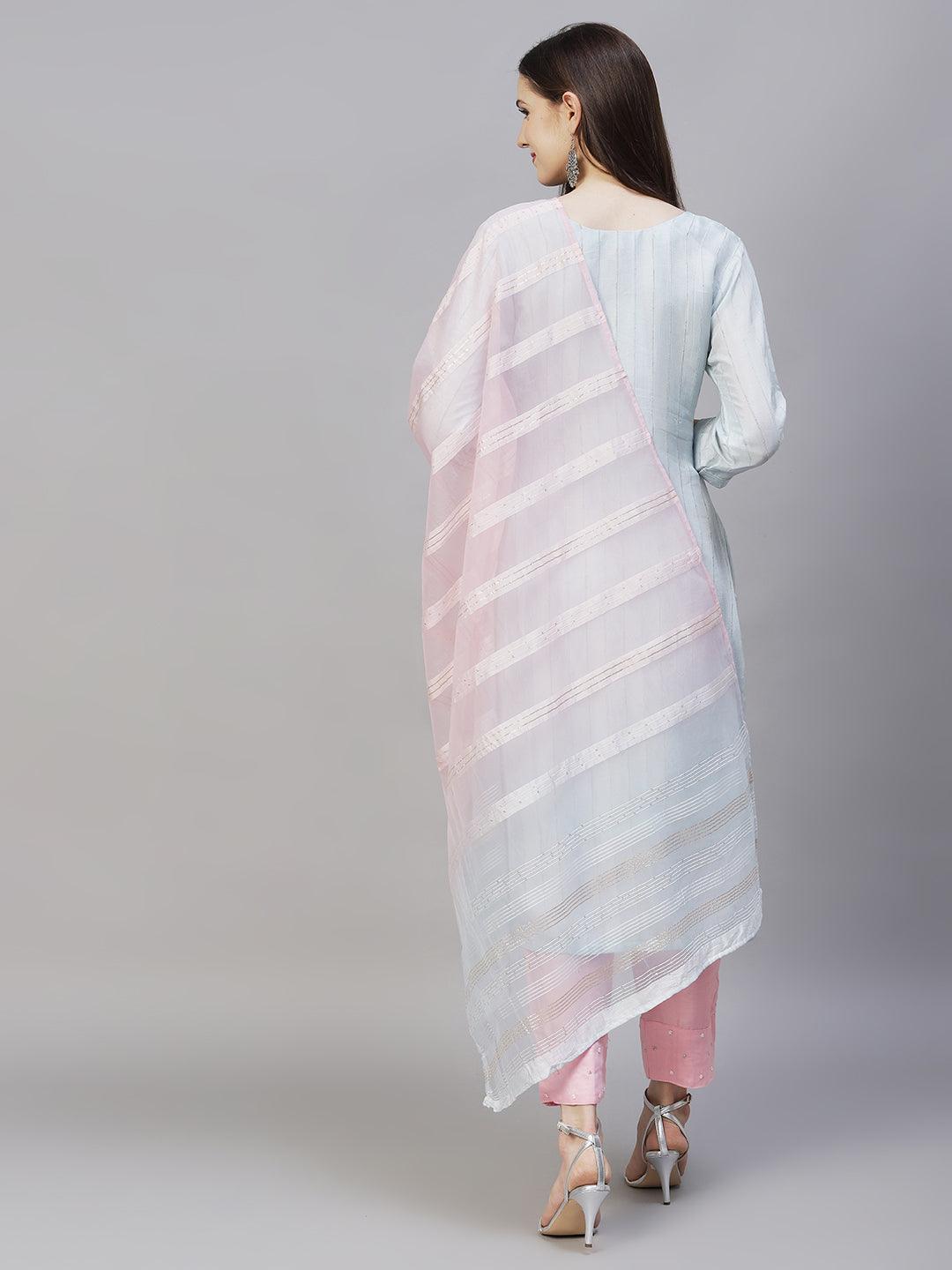 Ethnic Hand Embroidered Kurta with Pants & Dupatta - Powder Blue - Indiakreations