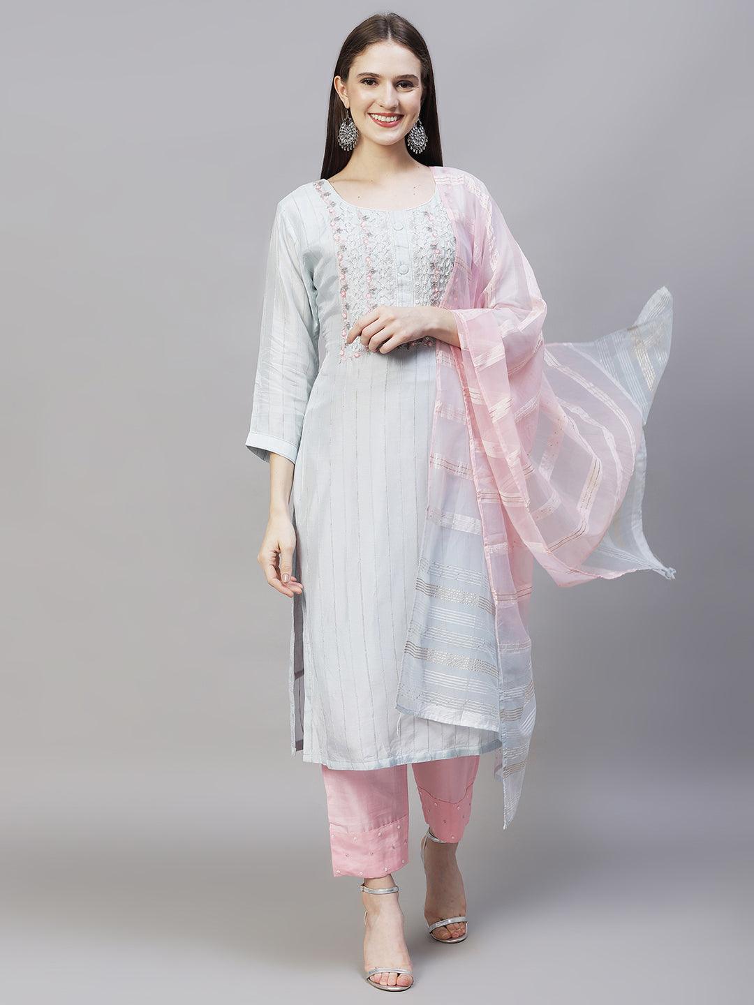 Ethnic Hand Embroidered Kurta with Pants & Dupatta - Powder Blue - Indiakreations