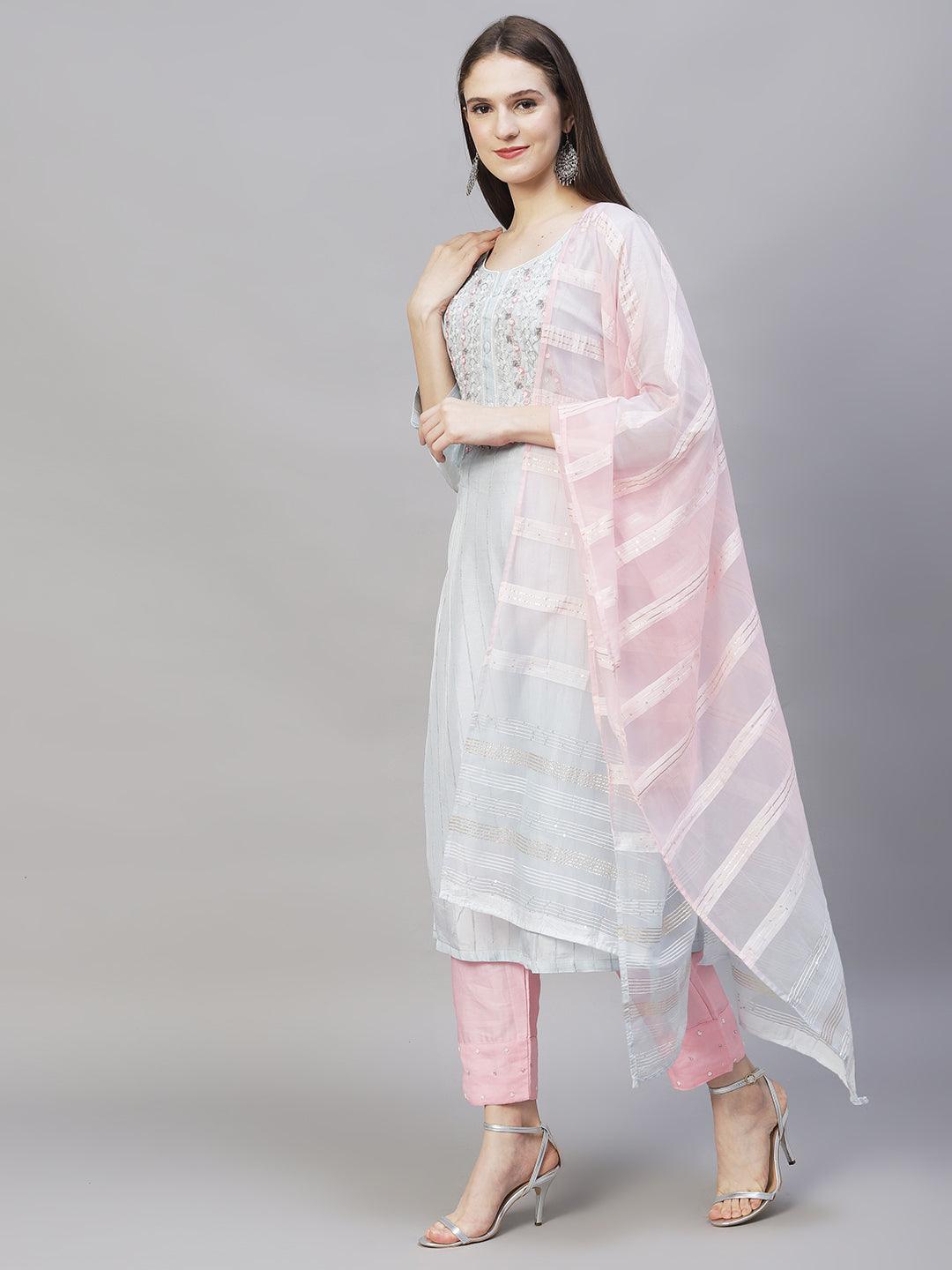 Ethnic Hand Embroidered Kurta with Pants & Dupatta - Powder Blue - Indiakreations