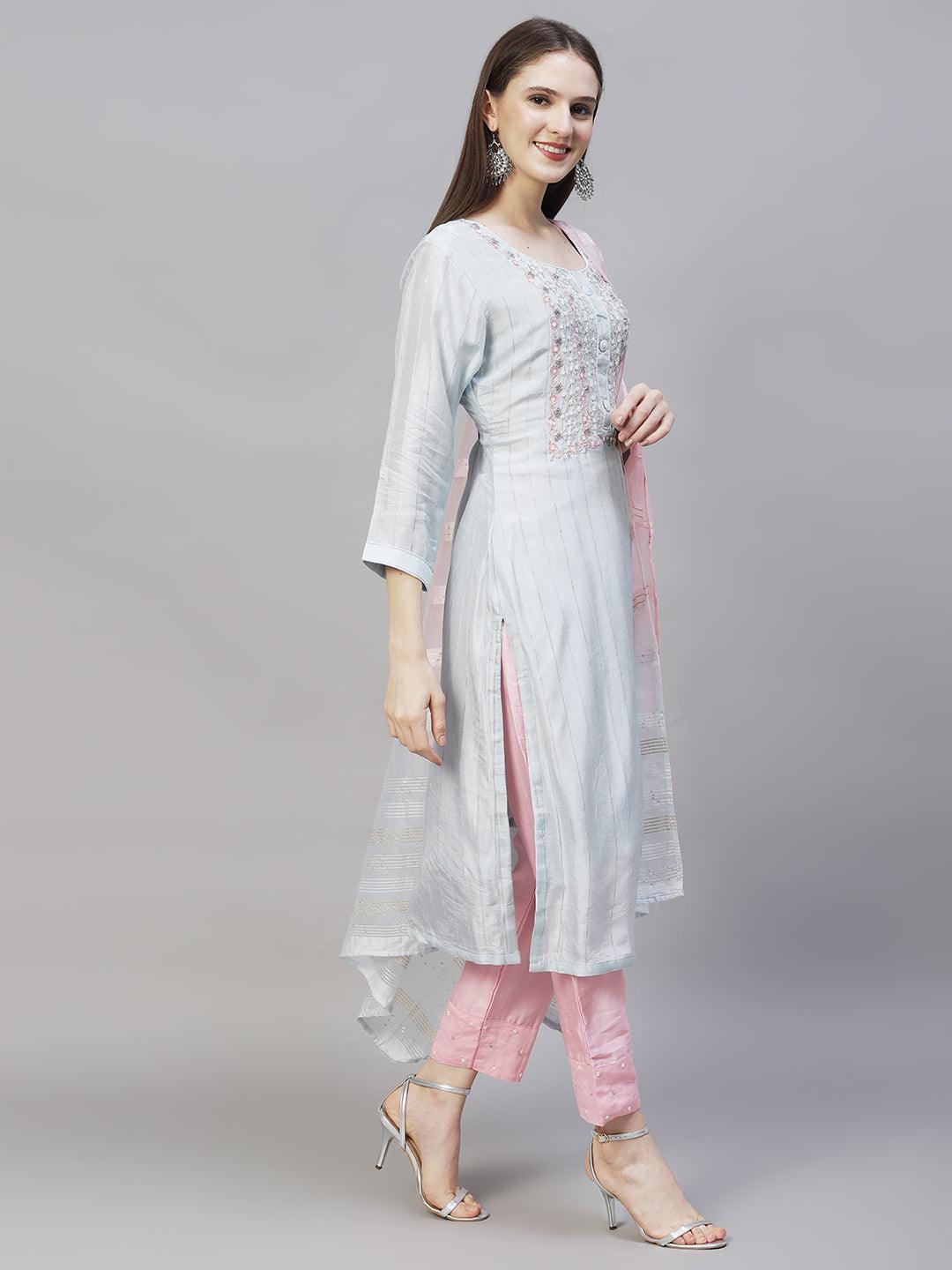 Ethnic Hand Embroidered Kurta with Pants & Dupatta - Powder Blue - Indiakreations