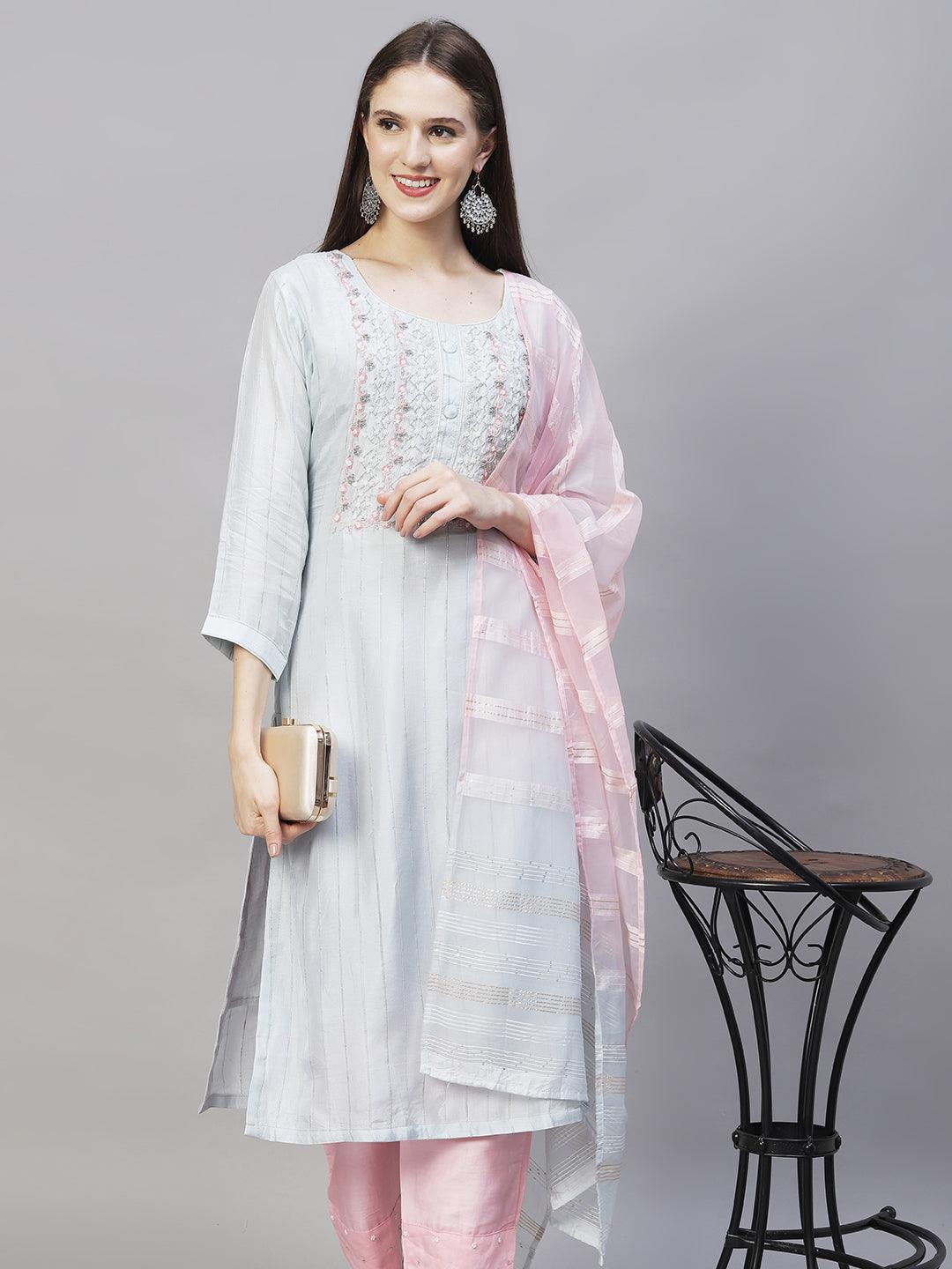 Ethnic Hand Embroidered Kurta with Pants & Dupatta - Powder Blue - Indiakreations