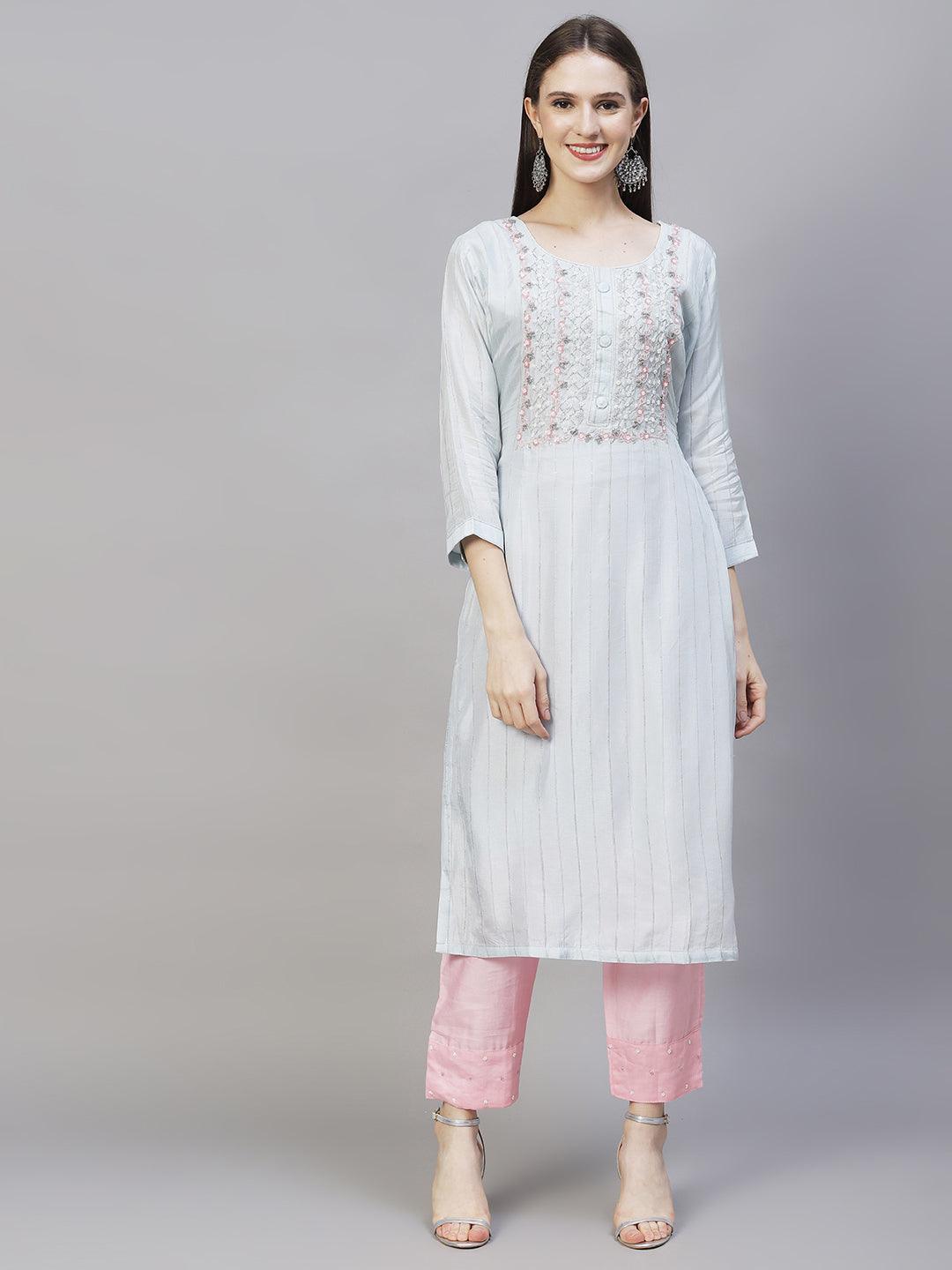 Ethnic Hand Embroidered Kurta with Pants & Dupatta - Powder Blue - Indiakreations