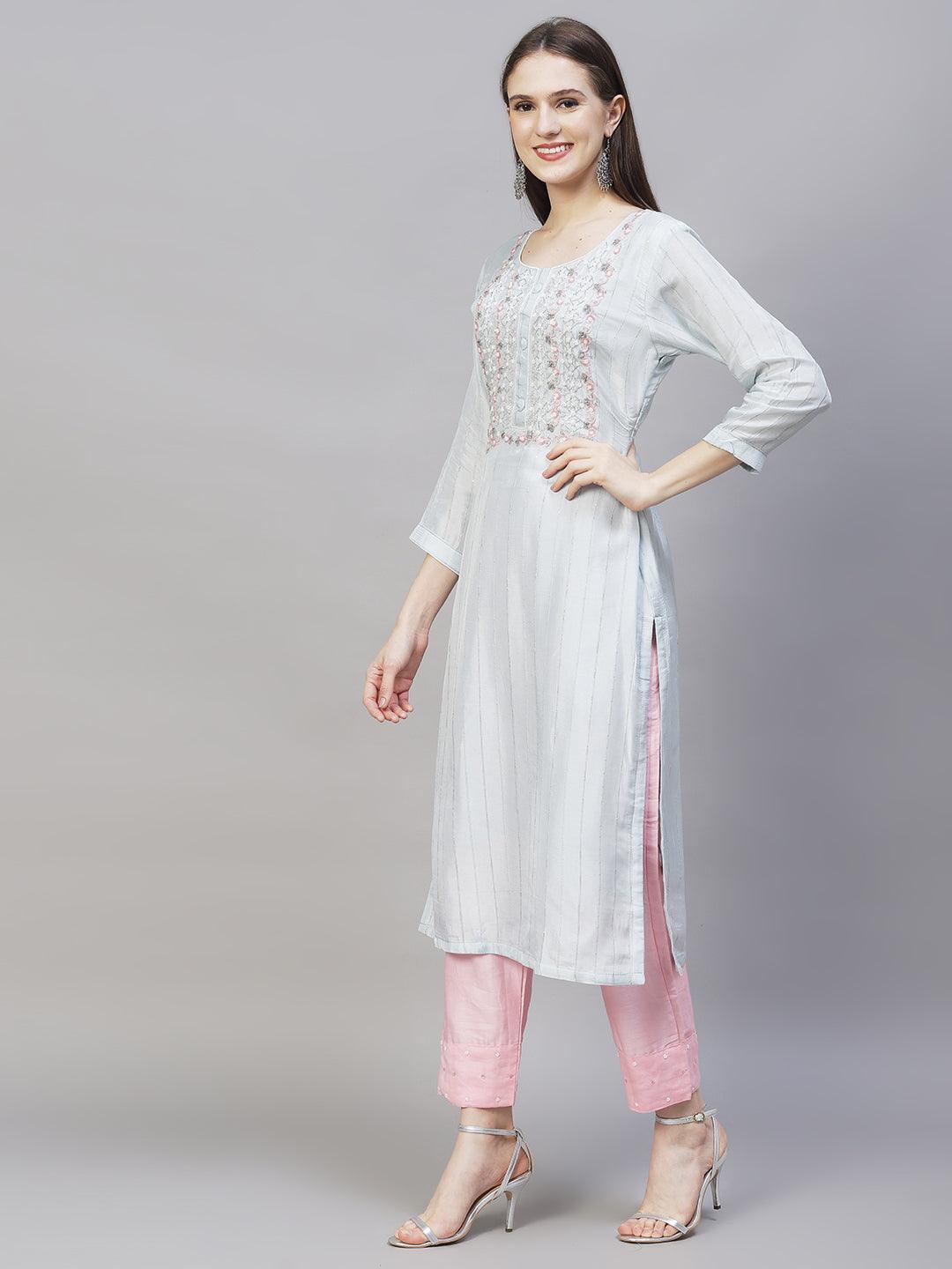 Ethnic Hand Embroidered Kurta with Pants & Dupatta - Powder Blue - Indiakreations