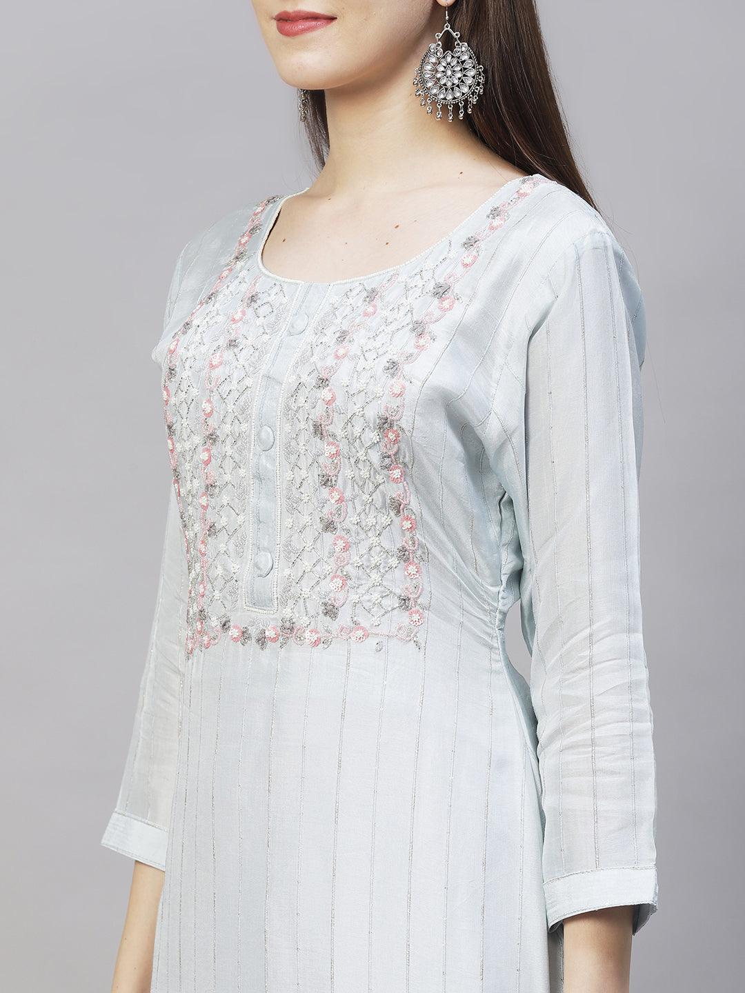 Ethnic Hand Embroidered Kurta with Pants & Dupatta - Powder Blue - Indiakreations