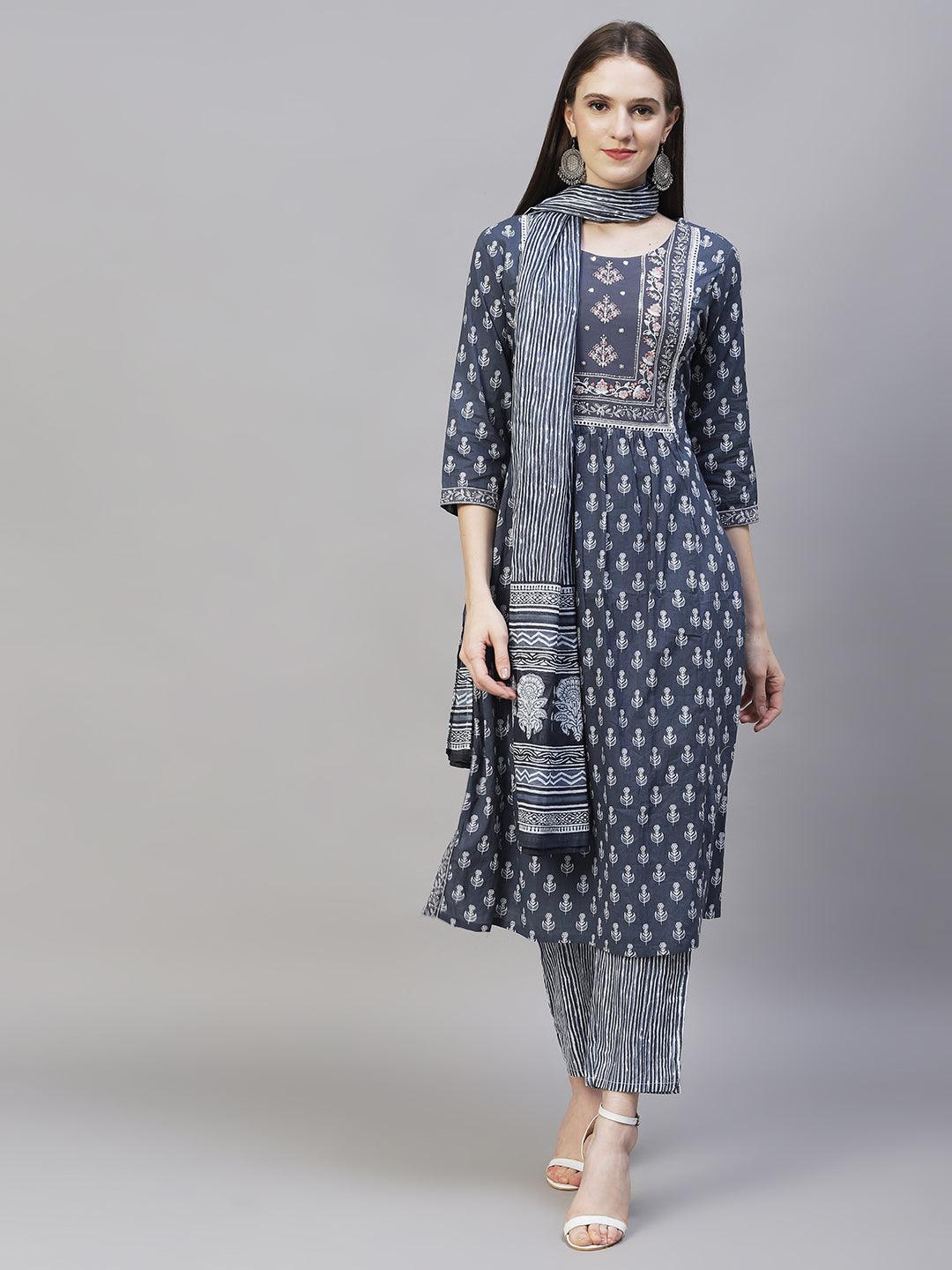 Ethnic Printed & Embroidered Kurta with Pants & Dupatta - Steel Blue - Indiakreations