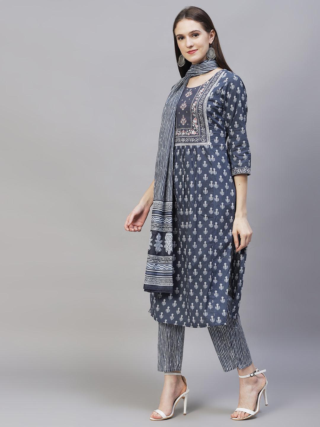 Ethnic Printed & Embroidered Kurta with Pants & Dupatta - Steel Blue - Indiakreations