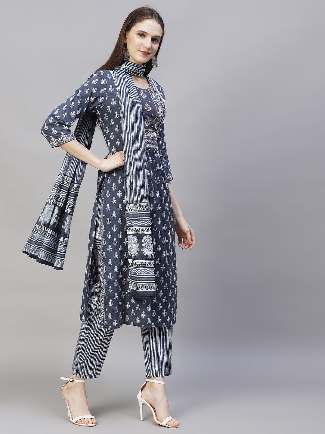 Ethnic Printed & Embroidered Kurta with Pants & Dupatta - Steel Blue - Indiakreations