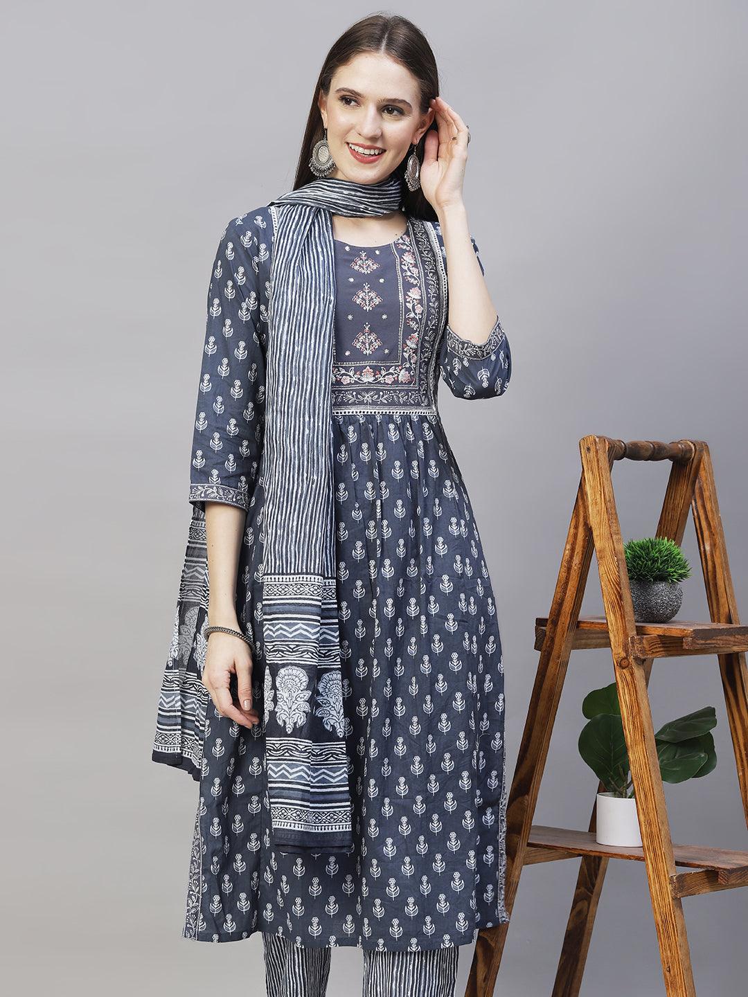 Ethnic Printed & Embroidered Kurta with Pants & Dupatta - Steel Blue - Indiakreations