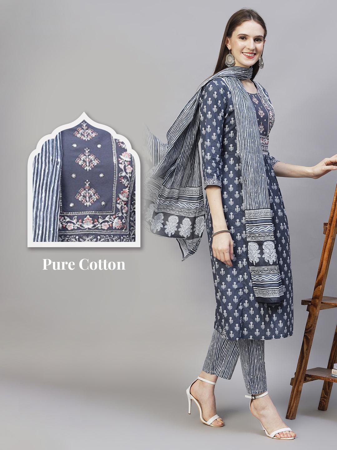 Ethnic Printed & Embroidered Kurta with Pants & Dupatta - Steel Blue - Indiakreations