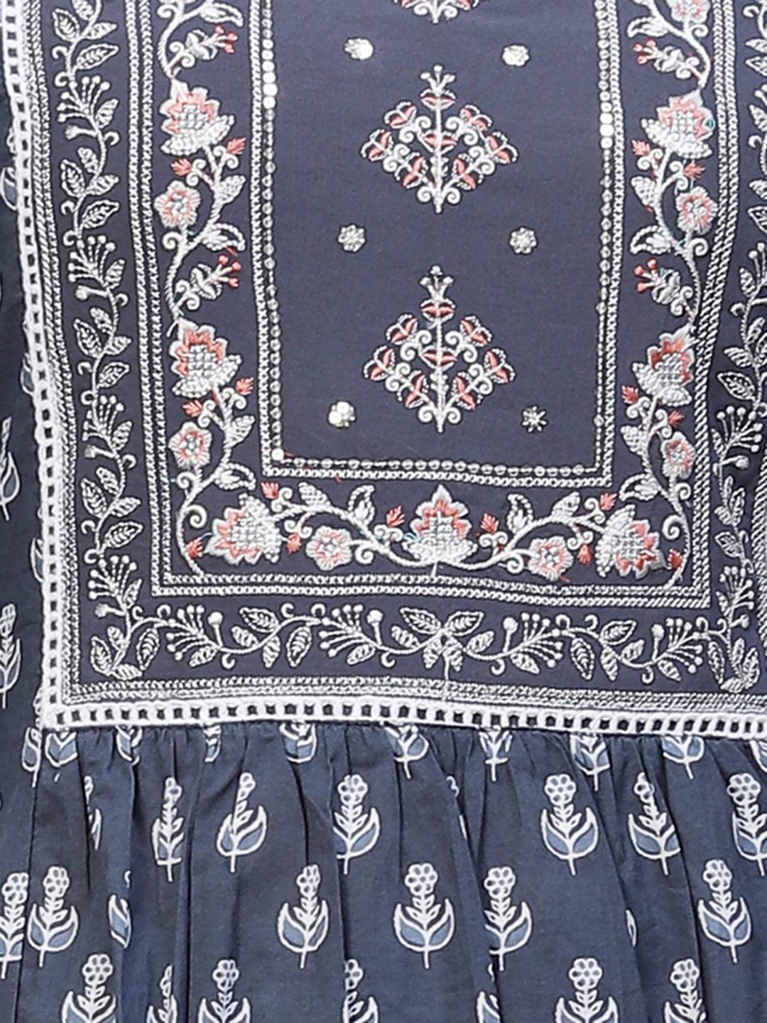 Ethnic Printed & Embroidered Kurta with Pants & Dupatta - Steel Blue - Indiakreations