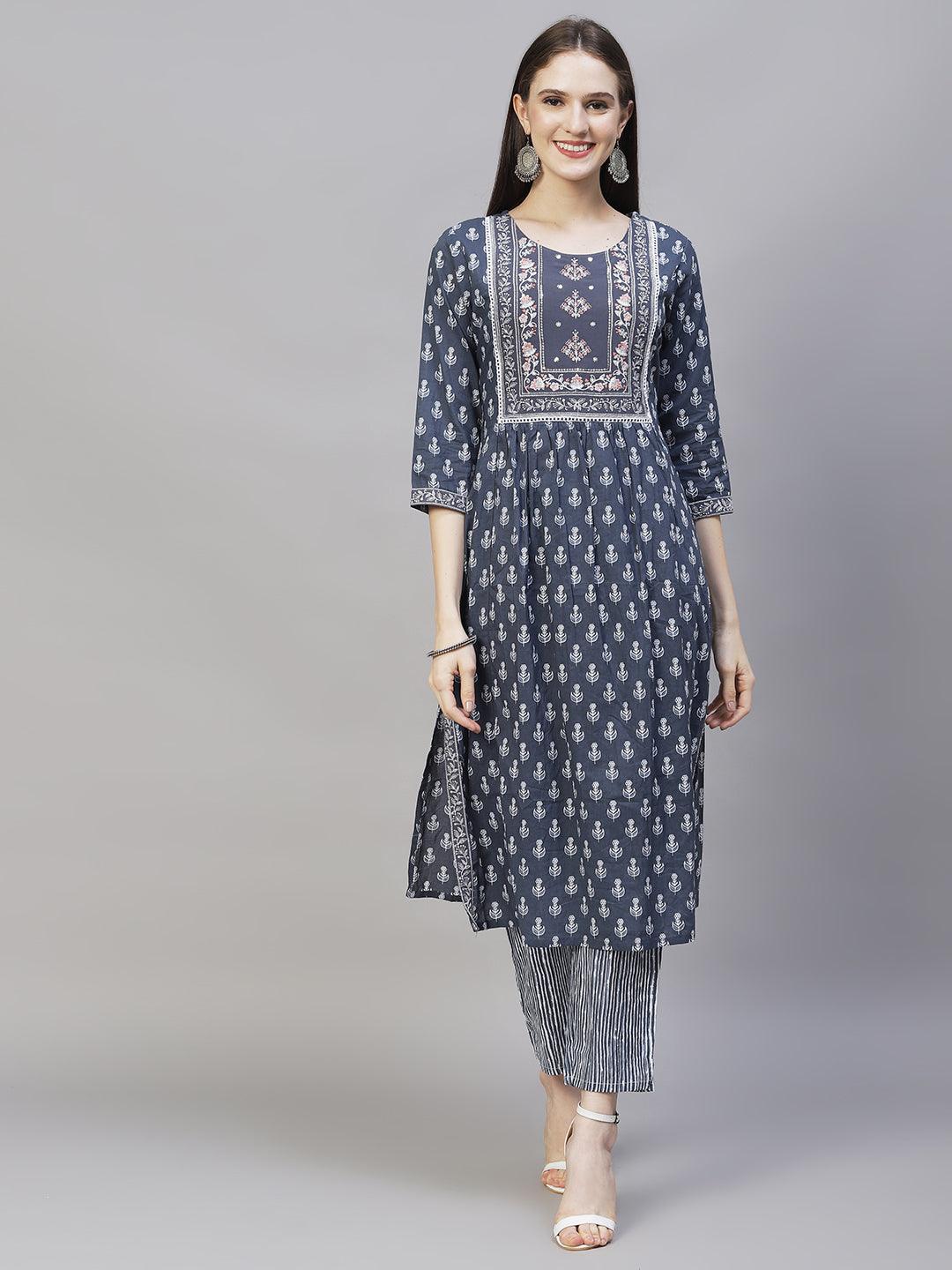 Ethnic Printed & Embroidered Kurta with Pants & Dupatta - Steel Blue - Indiakreations