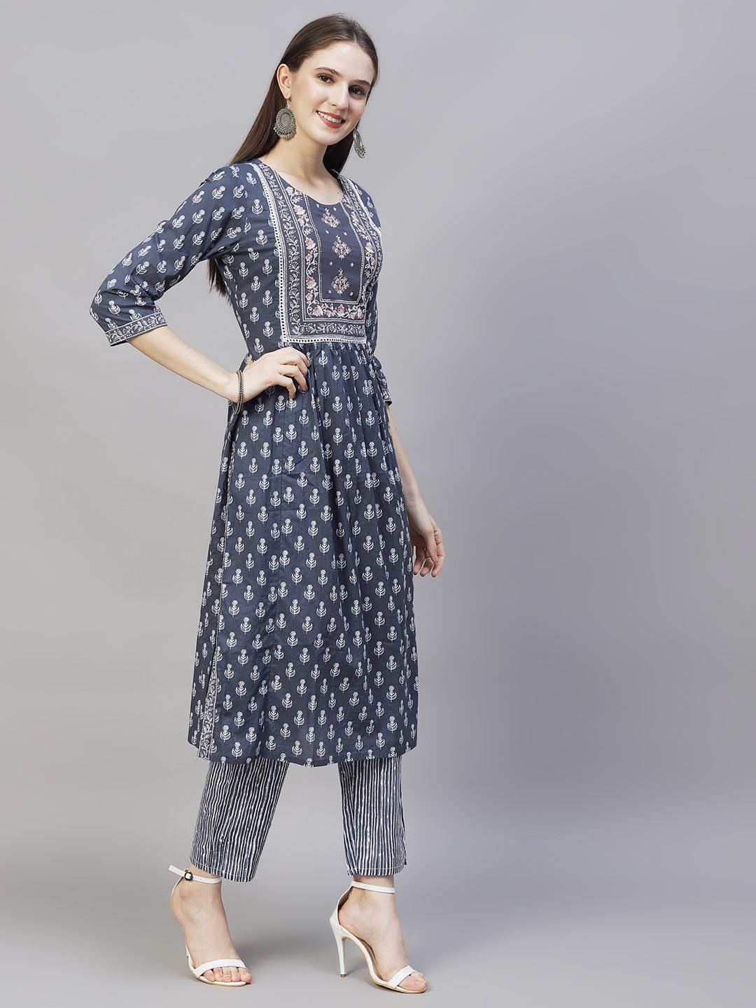 Ethnic Printed & Embroidered Kurta with Pants & Dupatta - Steel Blue - Indiakreations