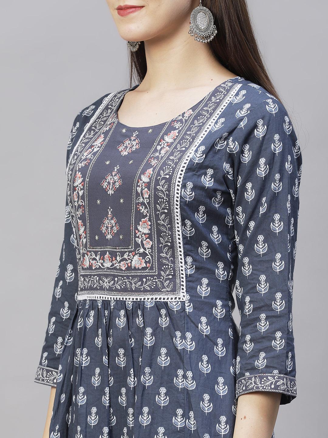 Ethnic Printed & Embroidered Kurta with Pants & Dupatta - Steel Blue - Indiakreations