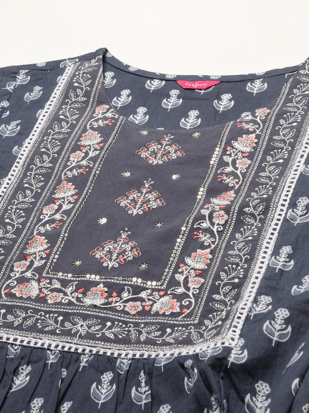 Ethnic Printed & Embroidered Kurta with Pants & Dupatta - Steel Blue - Indiakreations