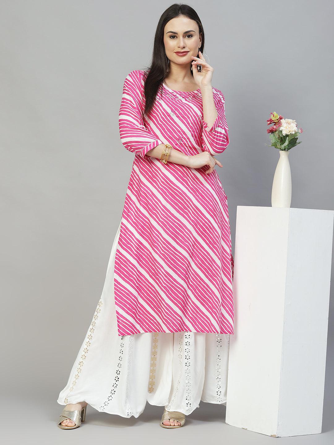 Leheriya Printed & Embroidered Straight Fit Kurta - Pink - Indiakreations