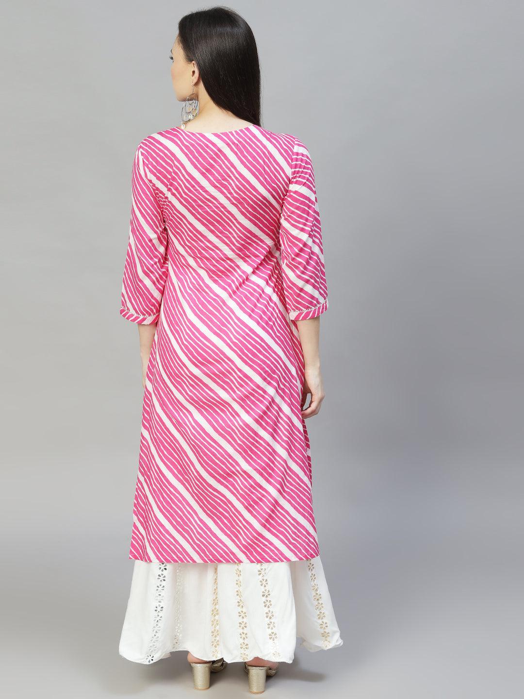 Leheriya Printed & Embroidered Straight Fit Kurta - Pink - Indiakreations