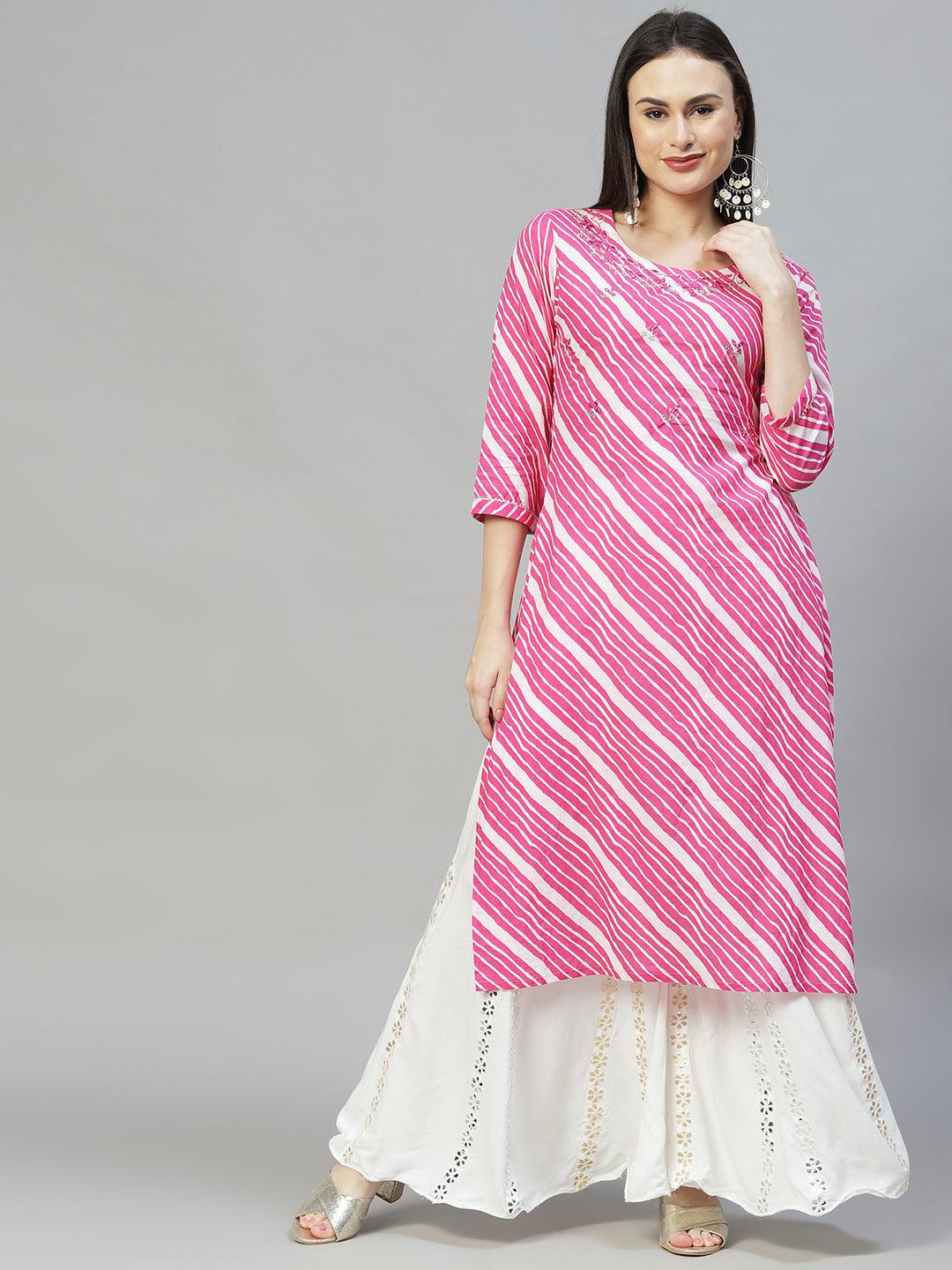 Leheriya Printed & Embroidered Straight Fit Kurta - Pink - Indiakreations