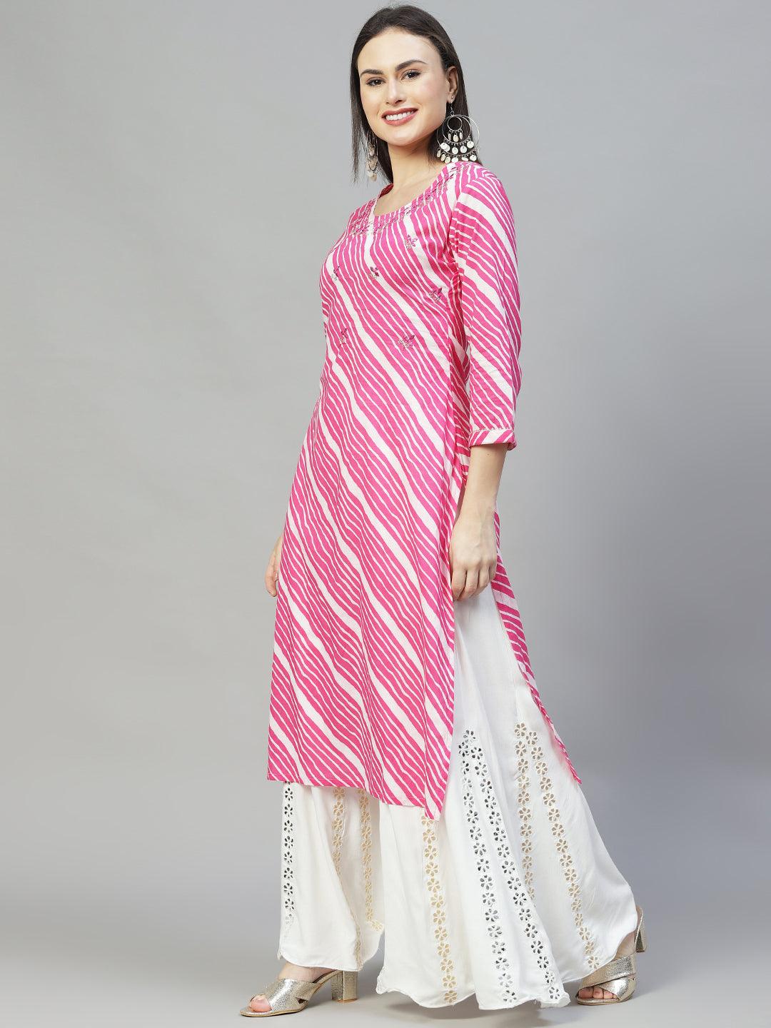 Leheriya Printed & Embroidered Straight Fit Kurta - Pink - Indiakreations