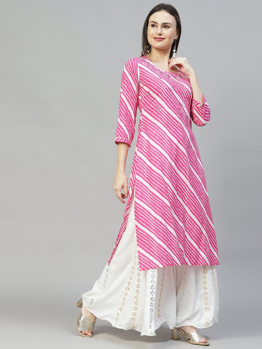 Leheriya Printed & Embroidered Straight Fit Kurta - Pink - Indiakreations