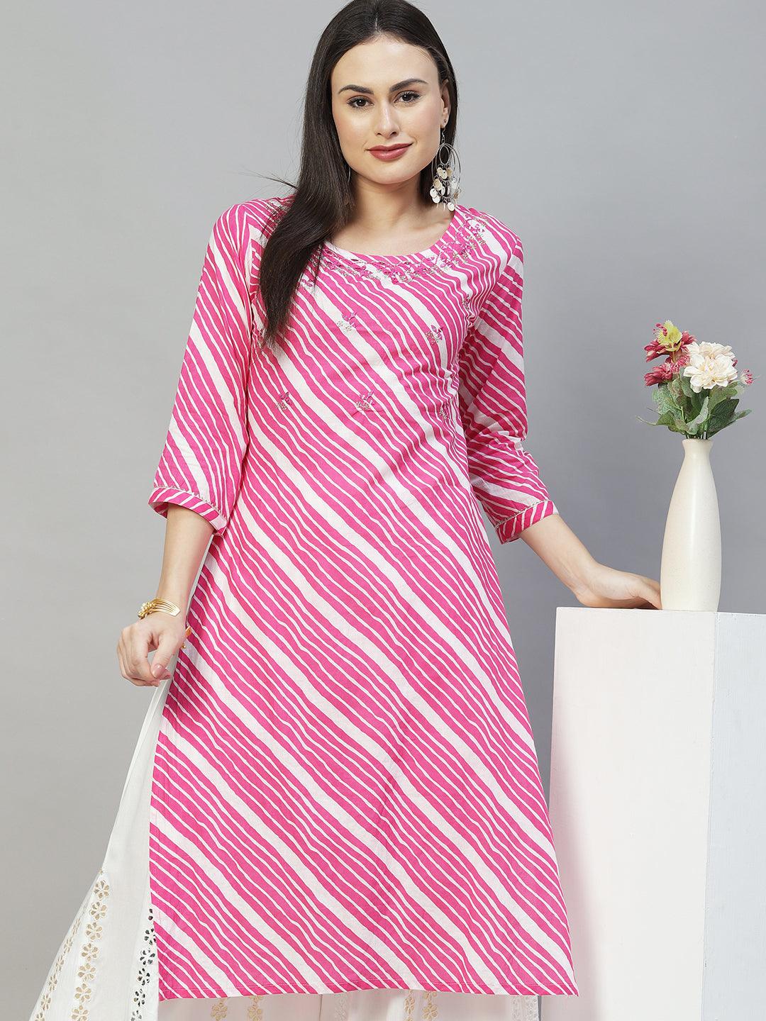 Leheriya Printed & Embroidered Straight Fit Kurta - Pink - Indiakreations