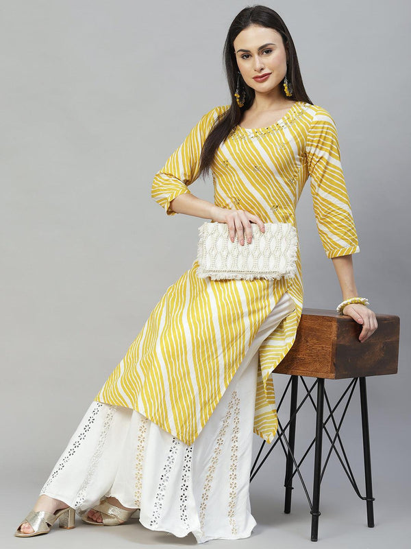 Leheriya Printed & Embroidered Straight Fit Kurta - Mustard - Indiakreations