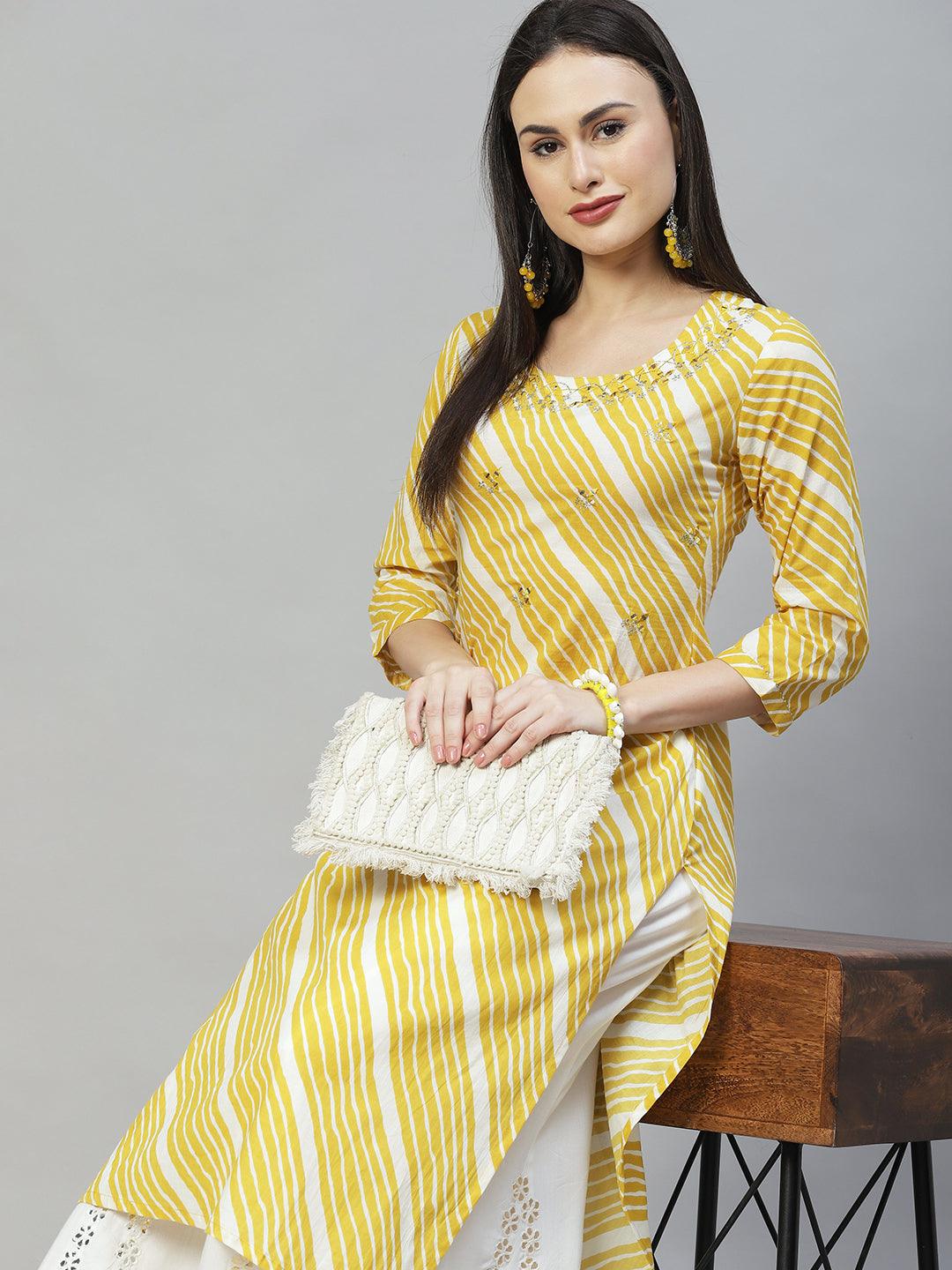 Leheriya Printed & Embroidered Straight Fit Kurta - Mustard - Indiakreations