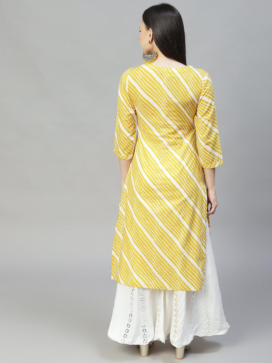 Leheriya Printed & Embroidered Straight Fit Kurta - Mustard - Indiakreations