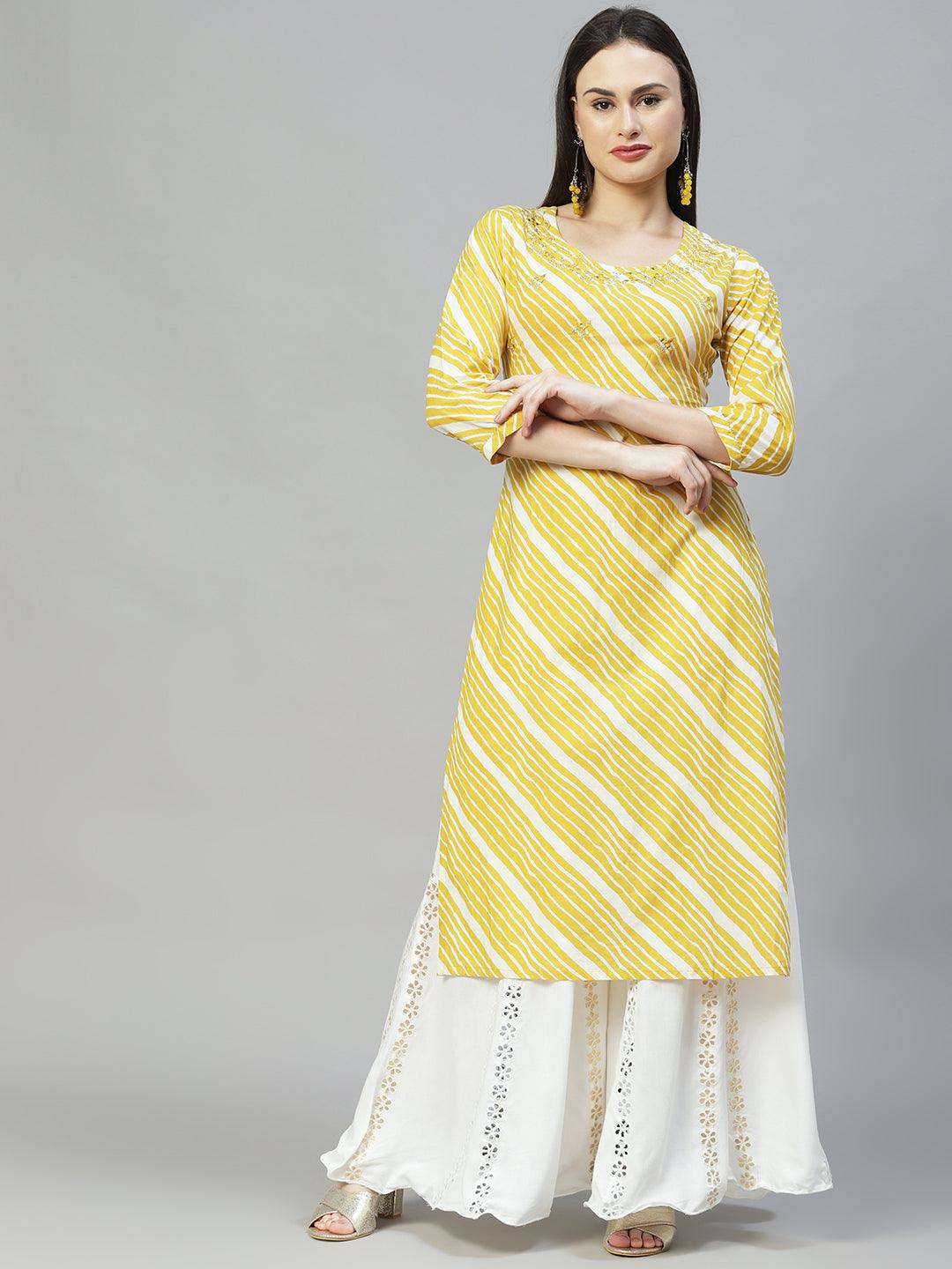 Leheriya Printed & Embroidered Straight Fit Kurta - Mustard - Indiakreations