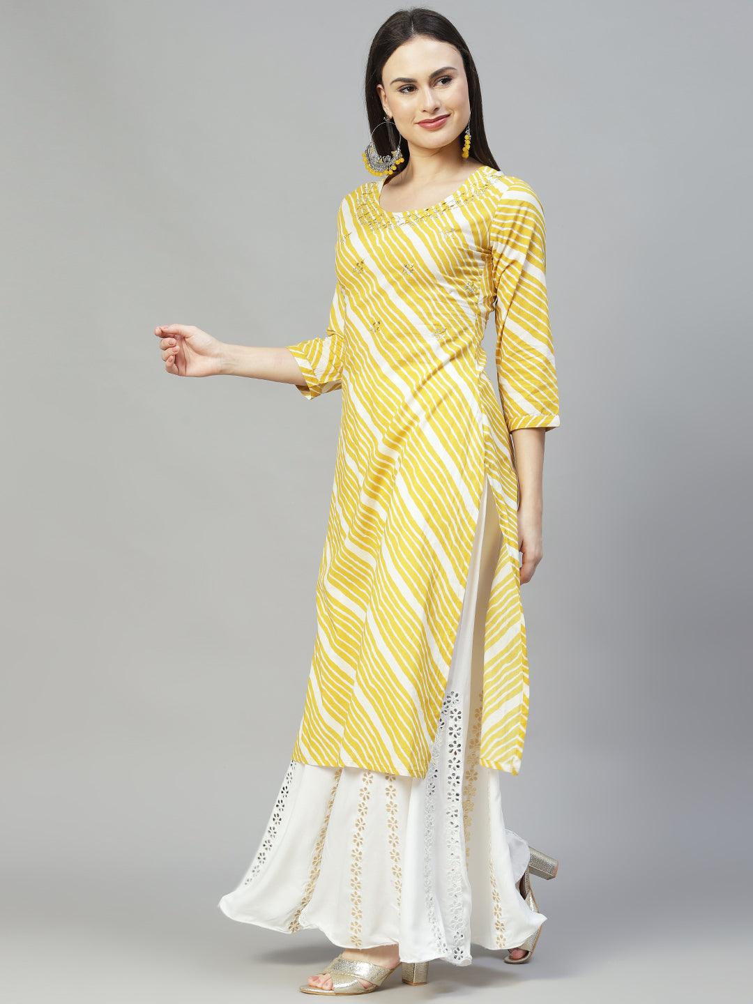 Leheriya Printed & Embroidered Straight Fit Kurta - Mustard - Indiakreations