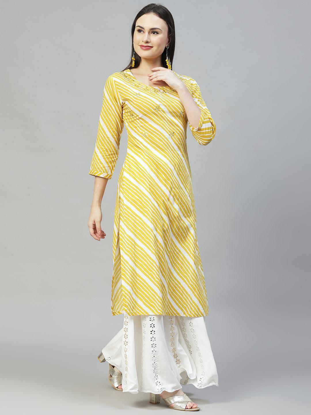 Leheriya Printed & Embroidered Straight Fit Kurta - Mustard - Indiakreations