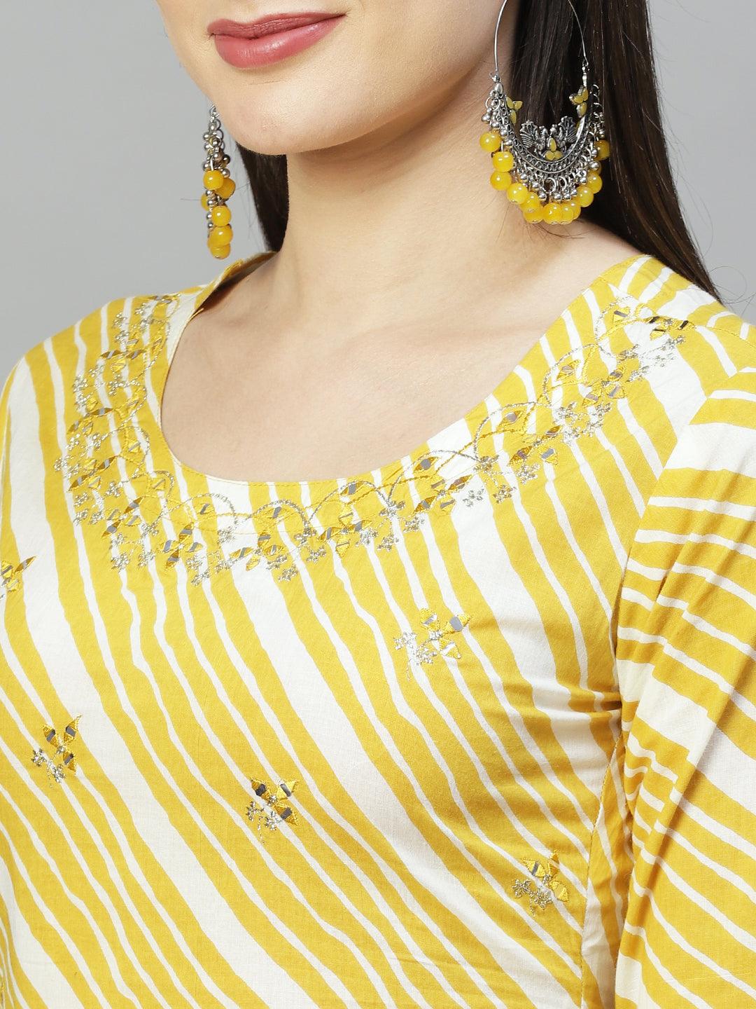 Leheriya Printed & Embroidered Straight Fit Kurta - Mustard - Indiakreations